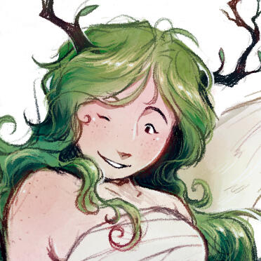 A smiling angel with green hairs, horns of branches and a crown of flowers with the nonbinary flag colors