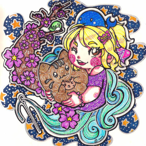 A human, a woman with blonde hairs, looking all cute but also busy sewing